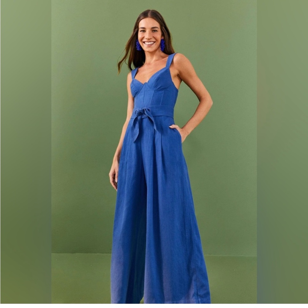 FARM Rio Cobalt Blue Wide-Leg Linen Jumpsuit